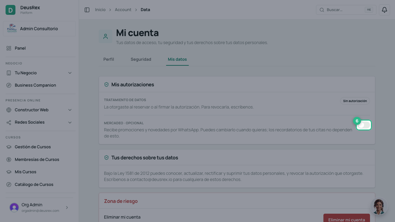 El interruptor de mercadeo en Mis datos